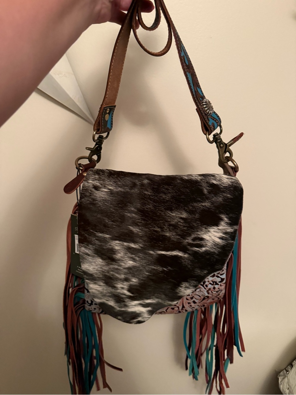 Myra Bag Black & White Cowhide Crossbody with Turquoise & Brown Fringe